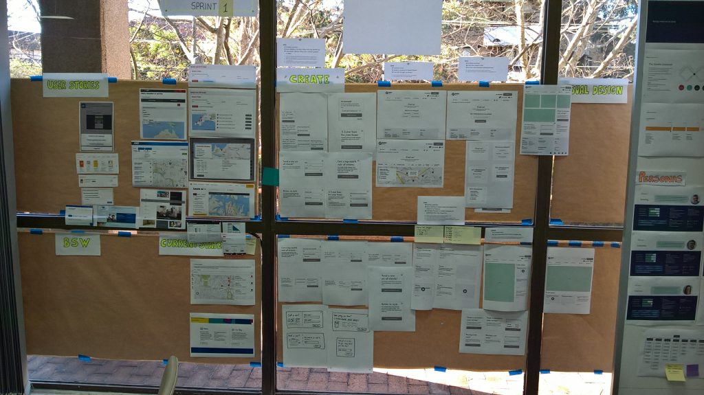 Example of the Design wall set up for the project. Note the mixture of draft and completed designs that were used to promote discussion amongst the team.